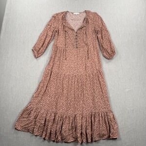 Olivaceous Floral Tiered Midi Dress Terracotta Boho Pintuck Button Front Small